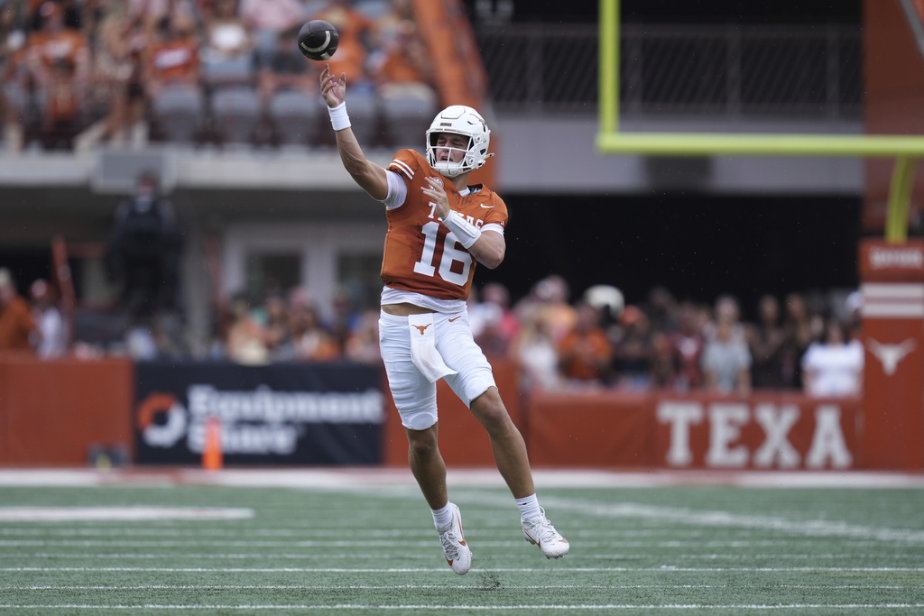 Texas quarterback Arch Manning (16) throws against San Jose State during the first half of an NCAA college football game in Austin, Texas, Saturday, Sept. 6, 2025. (AP Photo/Eric Gay)