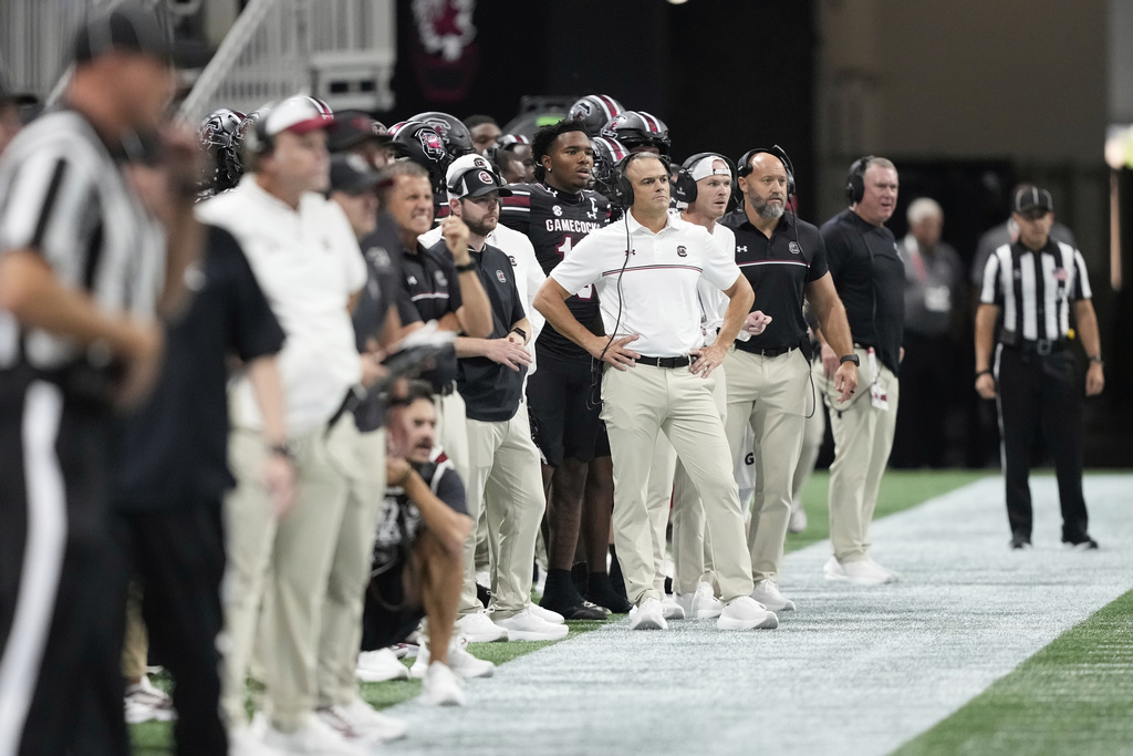 South Carolina head coach Shane Beamer on the sideline during an NCAA college football game against Virginia Tech, Sunday, Aug. 31, 2025, in Atlanta. (AP Photo/Brynn Anderson)