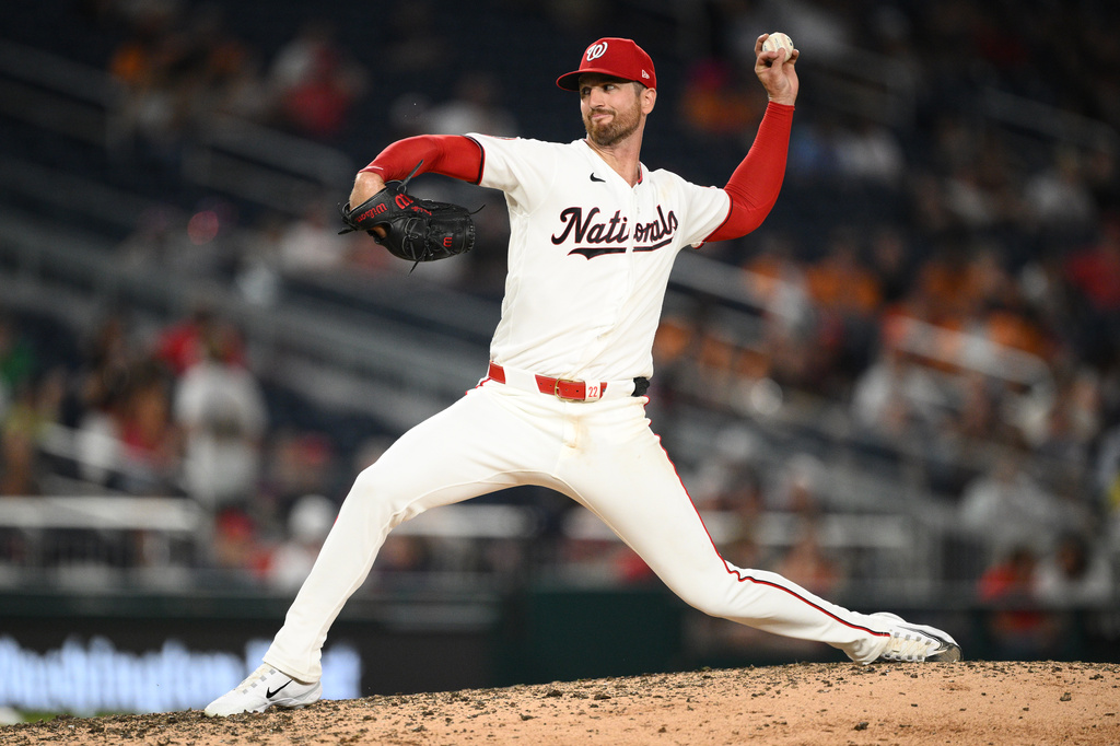 Washington Nationals pitcher Foster Griffin throws during the seventh inning of a baseball game against the Houston Astros, Wednesday, July 8, 2026, in Washington. (AP Photo/Nick Wass)