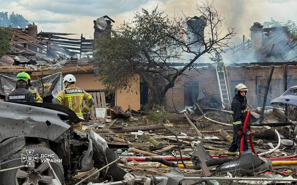 This photo provided by the Ukrainian Emergency Service, shows the site of Russian missile strikes in Kyiv region, Ukraine, Friday, July 24, 2026. (Ukrainian Emergency Service via AP)