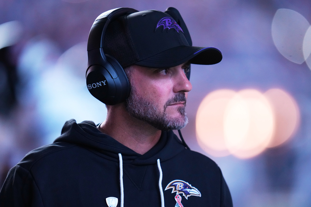Baltimore Ravens head coach Jesse Minter is seen during the first half of an NFL football game Sunday, Sept. 13, 2026, in Indianapolis. (AP Photo/Jeff Roberson)