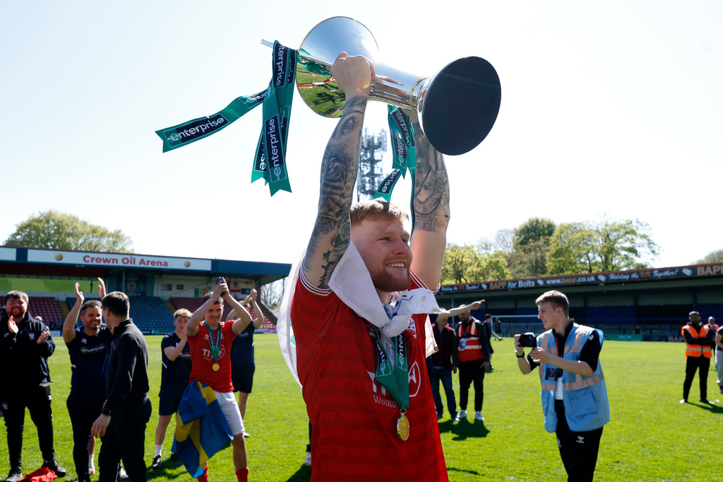 York City's Josh Stones after the National League soccer match between Rochdale and York City in Rochdale, England, Saturday April 25, 2026. (Cody Froggatt/PA via AP)