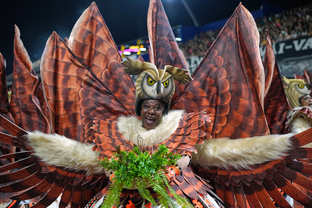 A dancer from the Colorado do Bras samba school performs during a carnival parade in Sao Paulo, Saturday, Feb. 14, 2026. (AP Photo/Andre Penner)