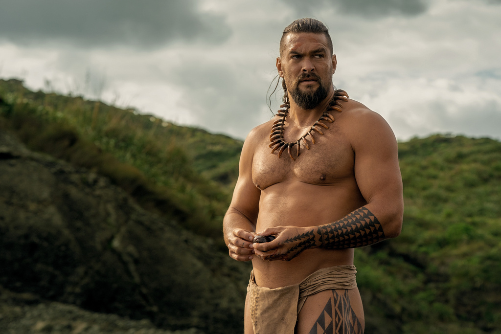 This image released by Apple TV+ shows Jason Momoa in a scene from "Chief of War." (Apple TV+ via AP)