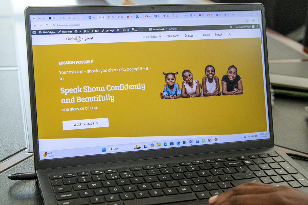 A Shona language teaching platform is displayed on a laptop used by Shungu Constance Chidovi in Harare, Zimbabwe, Monday, July 20, 2026. (AP Photo/Aaron Ufumeli)