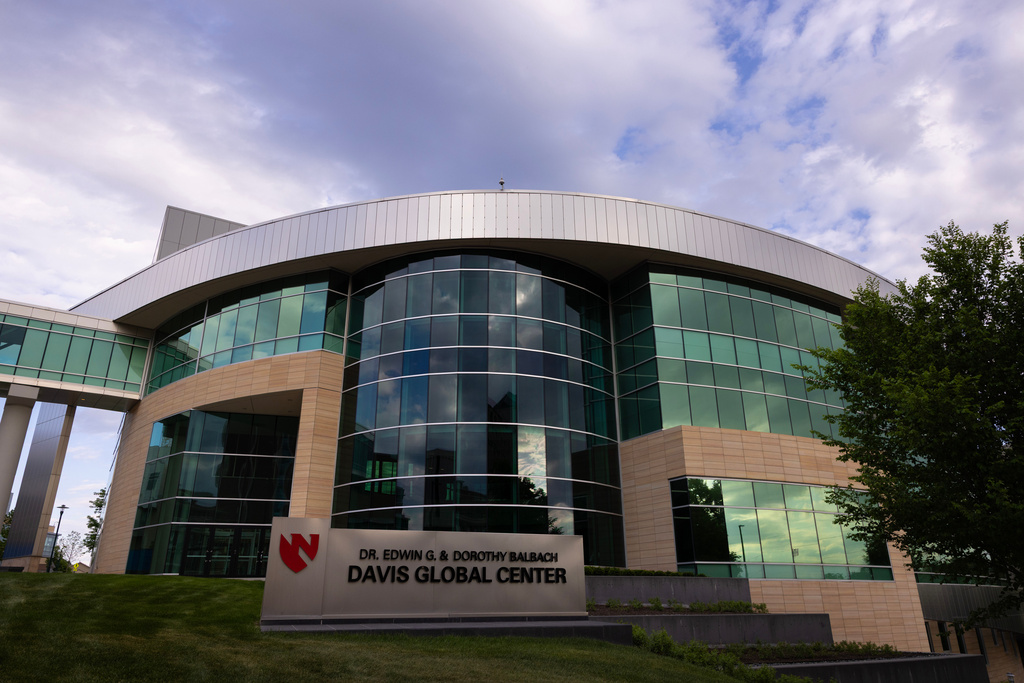 Nebraska Medicine's Davis Global Center is seen on Sunday, May 10,2026 in Omaha, Neb. where American passengers from the hantavirus-stricken cruise ship will quarantine. (AP Photo/Rebecca S. Gratz)