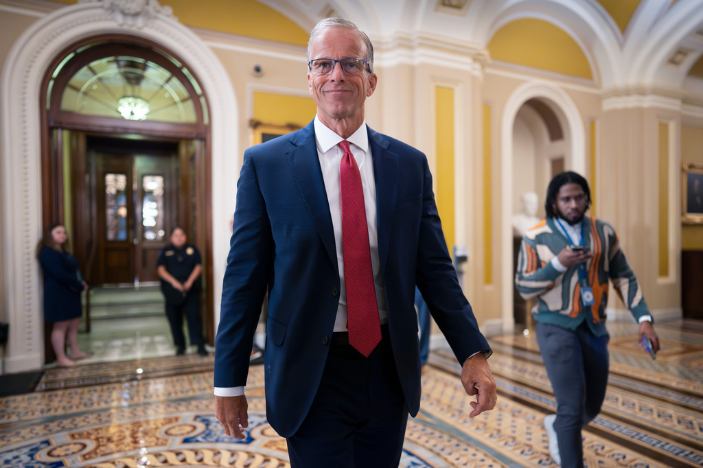 Senate Majority Leader John Thune, R-S.D., walks from the chamber to his office at the Capitol in Washington, Tuesday, June 16, 2026. (AP Photo/J. Scott Applewhite)