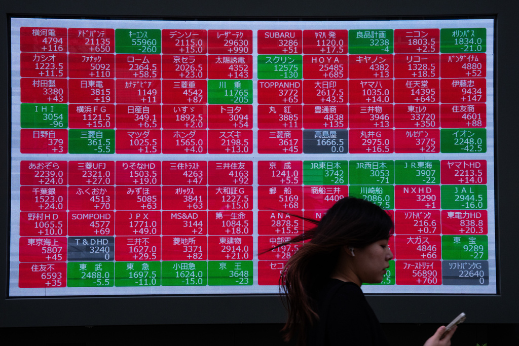 A pedestrian passes an electronic stock board showing Japan's Nikkei index at a securities firm in Tokyo, Thursday, Nov. 6, 2025. (AP Photo/Louise Delmotte)