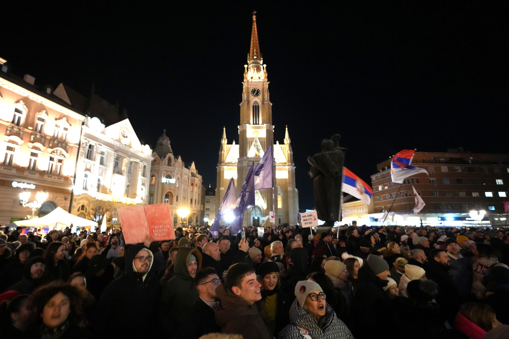 People attend a protest led by university students against corruption, in Novi Sad, Serbia, Saturday, Jan. 17, 2026. (AP Photo/Darko Vojinovic)