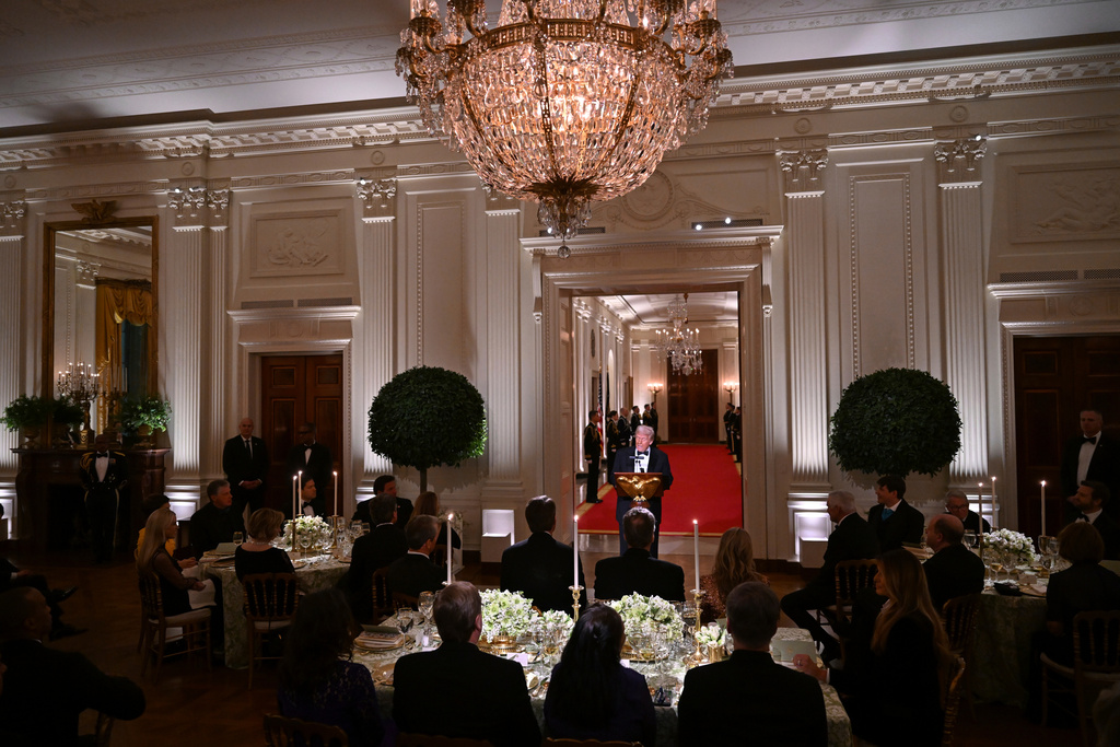 FILE - President Donald Trump addresses the National Governors Association dinner and reception in the East Room of the White House, Feb. 22, 2025, in Washington. (Pool via AP, File)