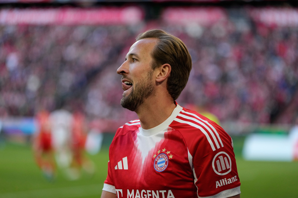 Bayern's Harry Kane reacts during a Bundesliga soccer match between Bayern and Stuttgart in Munich, Germany, Sunday, April 19, 2026. (AP Photo/Matthias Schrader)