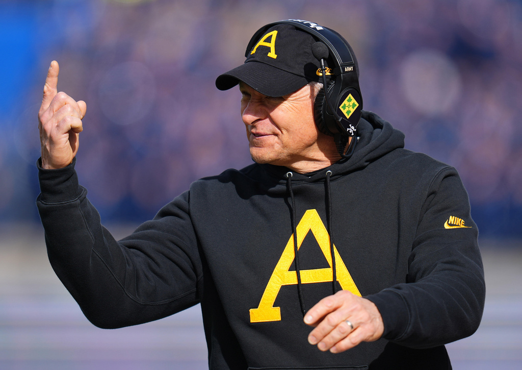 Army head coach Jeff Monken reacts to a call during the first half of an NCAA college football game against Air Force, Saturday, Nov. 1, 2025, in Air Force Academy, Colo. (AP Photo/Jack Dempsey)