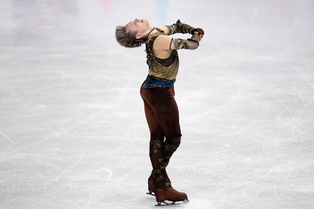 Ilia Malinin from the United States competes during the men's short program at the Figure Skating World Championships in Prague, Czech Republic, Thursday, March 26, 2026. (AP Photo/Petr David Josek)