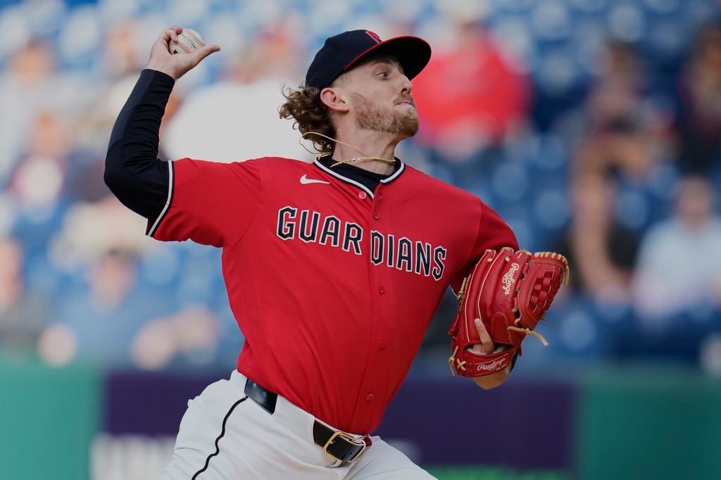 Cleveland Guardians' Tanner Bibee pitches in the first inning of a baseball game against the Tampa Bay Rays in Cleveland, Tuesday, April 28, 2026. (AP Photo/Sue Ogrocki)