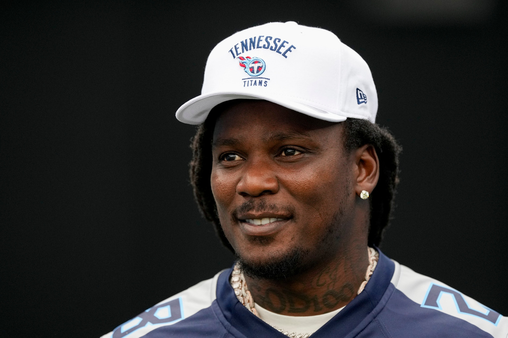 FILE - Former Tennessee Titans running back Chris Johnson visits the field during the second half of an NFL football game against the New York Jets, Sept. 15, 2024, in Nashville, Tenn. (AP Photo/George Walker IV, file)
