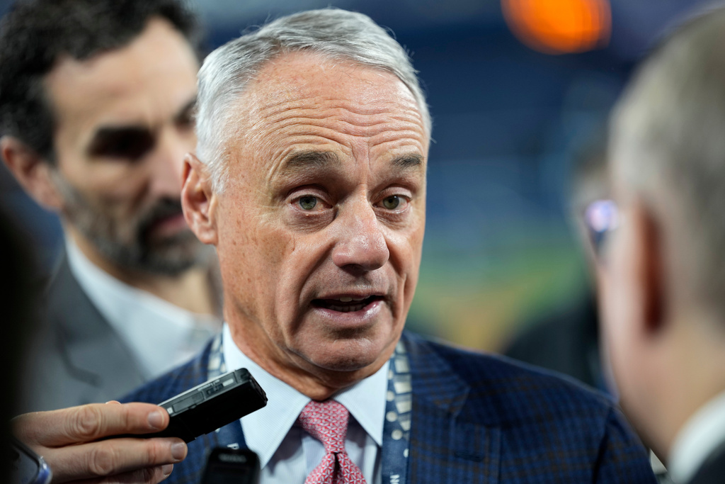 MLB commissioner Rob Manfred speaks prior to Game 2 of baseball's World Series between the Toronto Blue Jays and the Los Angeles Dodgers, Saturday, Oct. 25, 2025, in Toronto. (AP Photo/David J. Phillip)