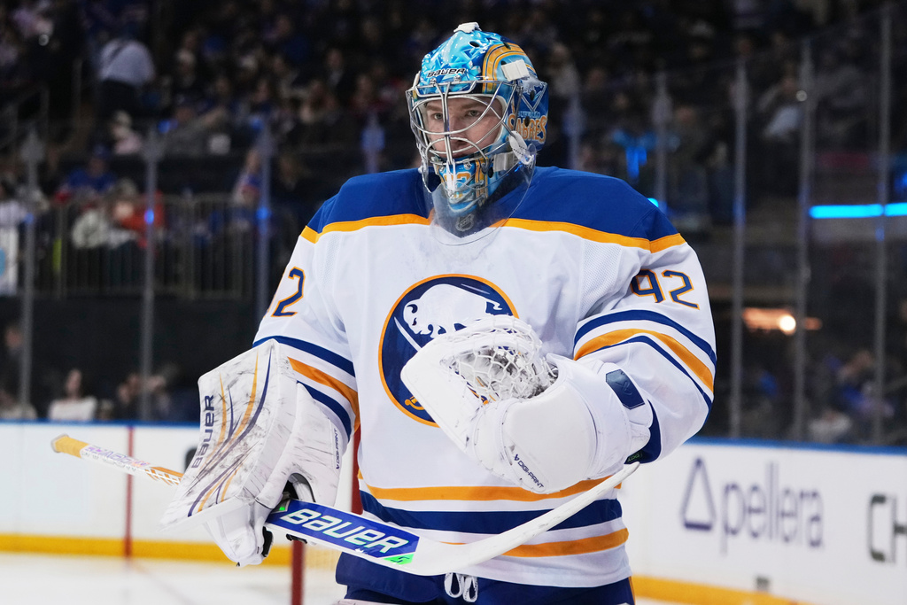 Buffalo Sabres goaltender Colten Ellis (92) skates during a pause in play during the second period of an NHL hockey game against the New York Rangers Thursday, Jan. 8, 2026, in New York. (AP Photo/Frank Franklin II)