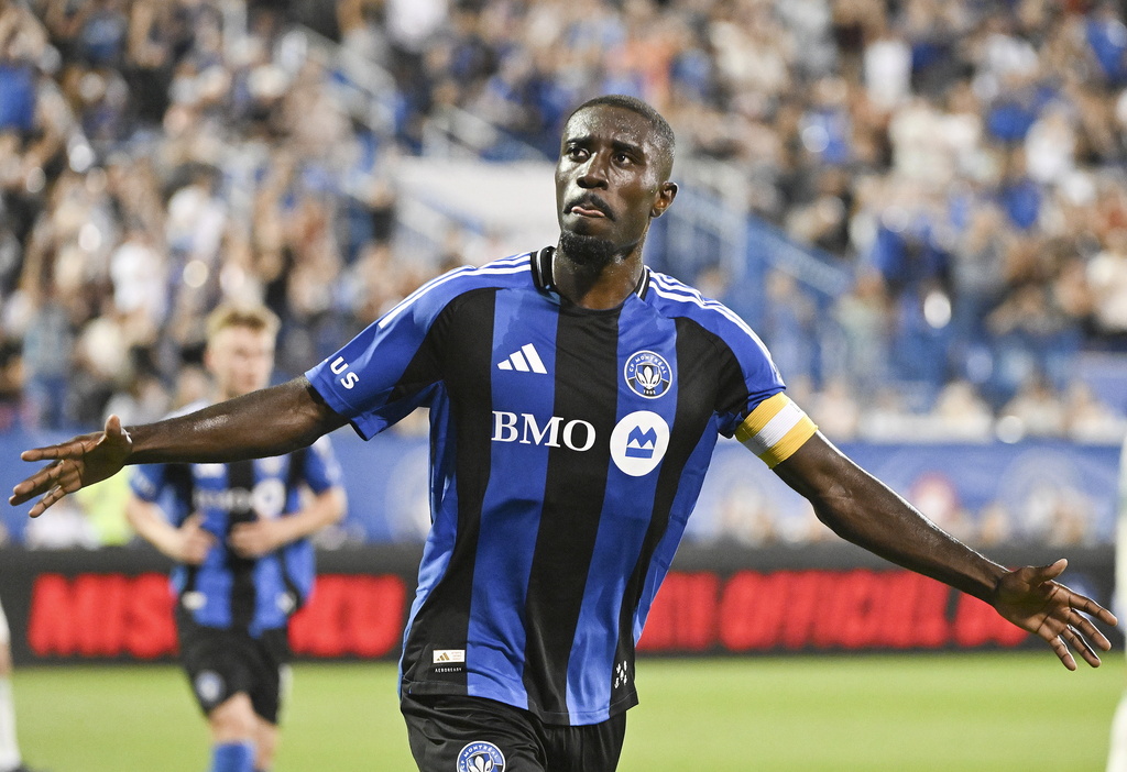 CF Montreal's Prince Owusu celebrates after scoring against Austin FC during second-half MLS soccer match action in Montreal, Saturday, Aug. 23, 2025. (Graham Hughes/The Canadian Press via AP)