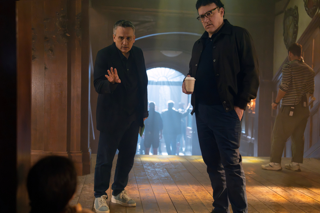 This image released by Marvel shows directors Joe Russo, left, and Anthony Russo on the set of "Avengers: Doomsday." (Paul Abell/Marvel-Disney via AP)