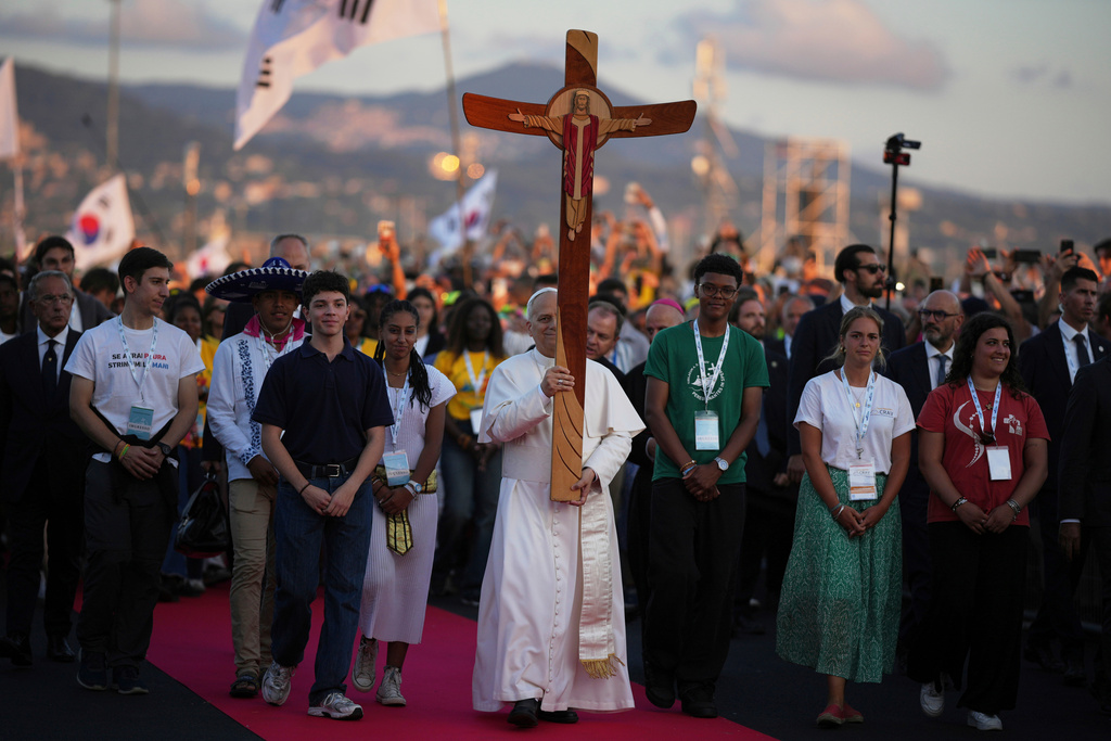FILE - Pope Leo XIV holds prayer vigil with young people participating in the Youths Jubilee at the Tor Vergata field in Rome, Aug. 2, 2025. (AP Photo/Andrew Medichini, File)