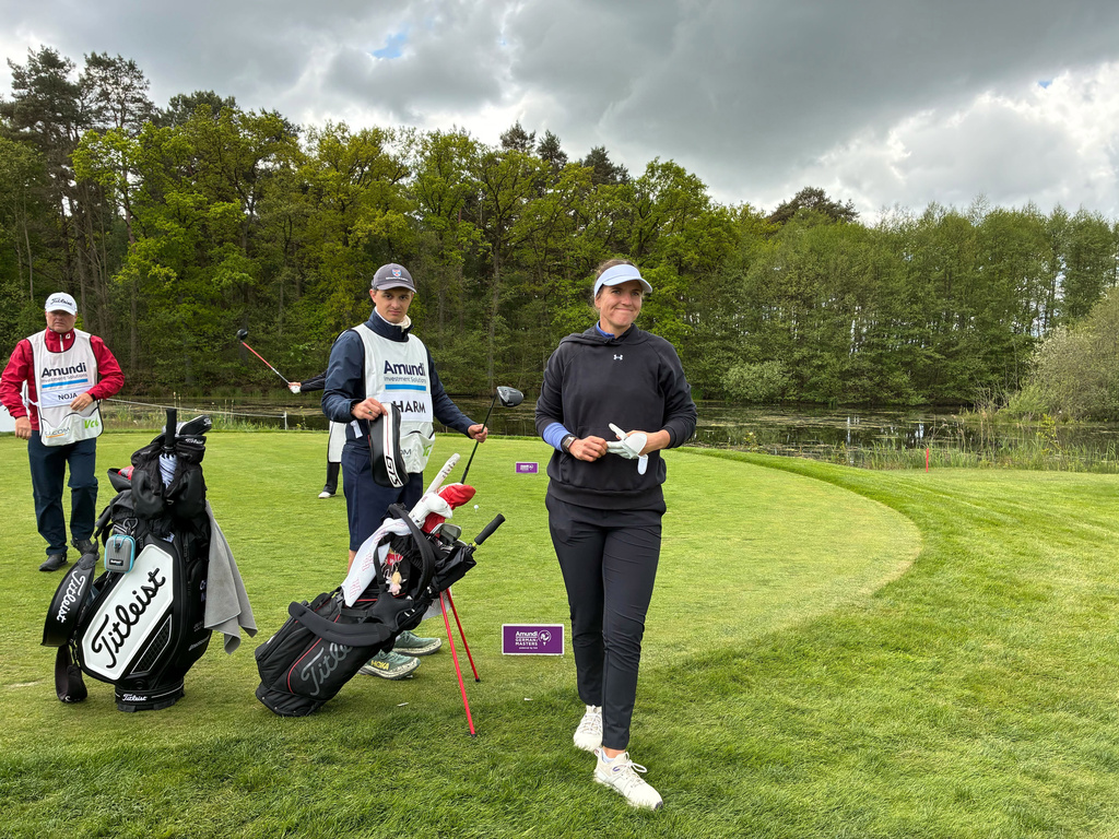 Leonie Harm, right, attends the German Masters golf tournament on the Ladies European Tour in Winsen Germany, Saturday, May 16, 2026. (Marc Moeller/dpa via AP)
