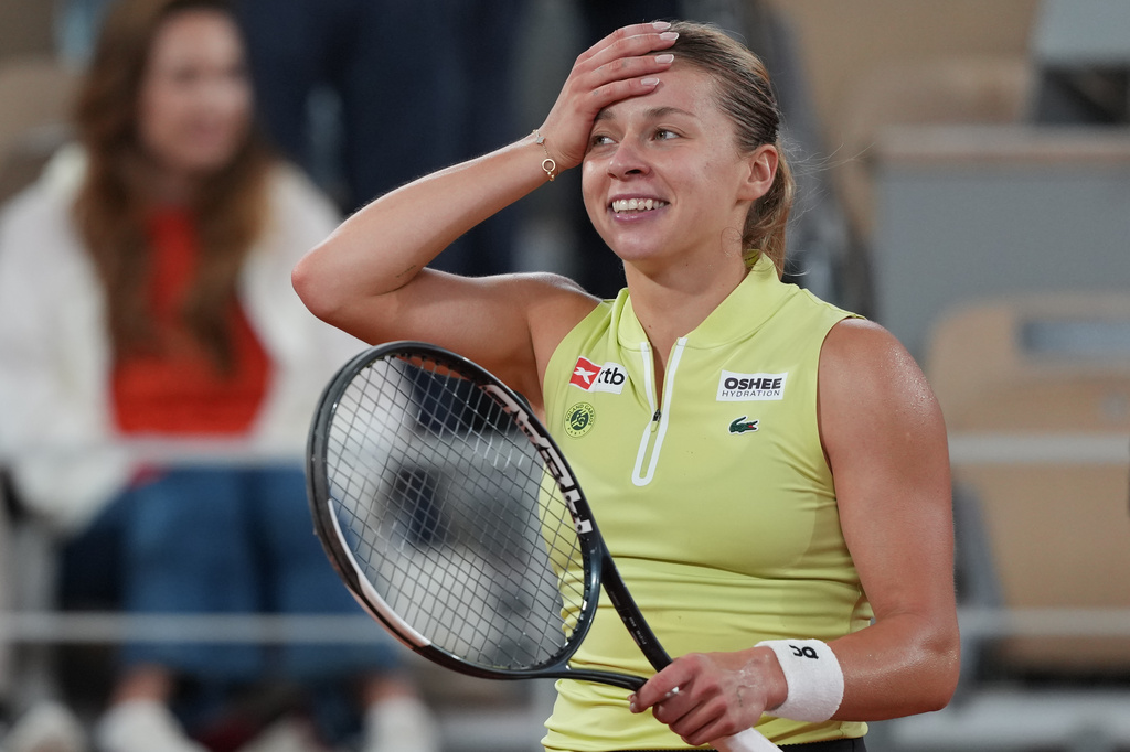 Poland's Maja Chwalinska react after winning during the semifinal tennis match against Russia's Diana Shnaider at the French Open in Paris, Thursday, June 4, 2026. (AP Photo/Thibault Camus)