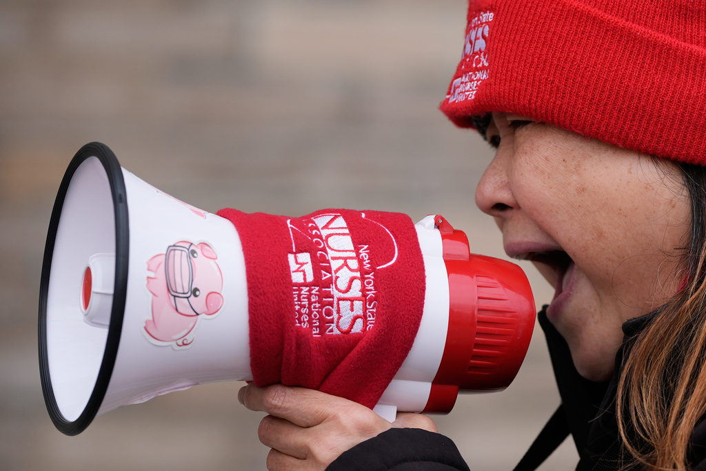 FILE - Nurses and their supporters strike in front of NewYork-Presbyterian hospital in New York, Thursday, Feb. 19, 2026. (AP Photo/Seth Wenig, file)