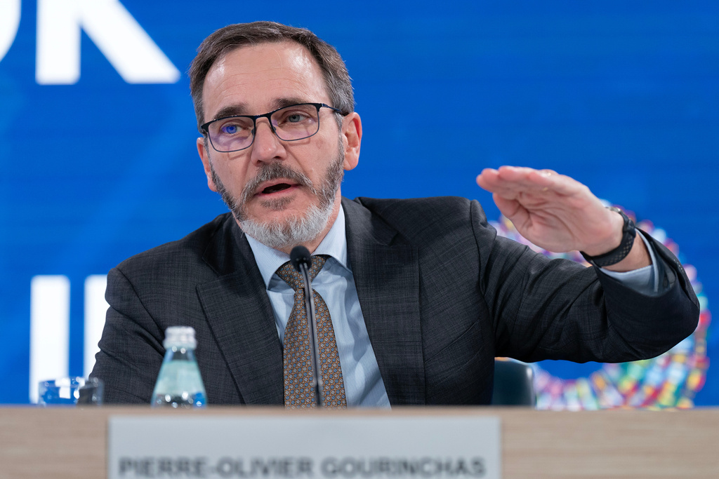 Economic Counsellor and Director, Research Department, IMF Pierre-Olivier Gourinchas speaks at a news conference during the World Bank/IMF Annual Meetings at the International Monetary Fund (IMF) headquarters in Washington, Tuesday, Oct. 14, 2025. (AP Photo/Jose Luis Magana)