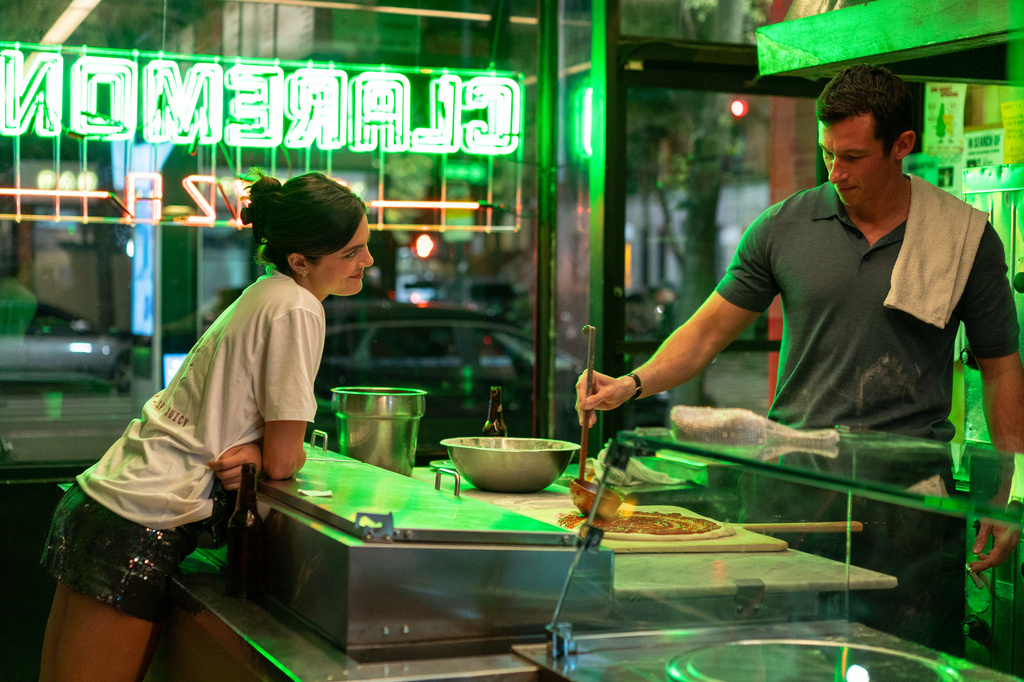 This image released by Universal Pictures shows Monica Barbaro, left, and Callum Turner in a scene from "One Night Only." (Nicole Rivelli/Universal Pictures via AP)
