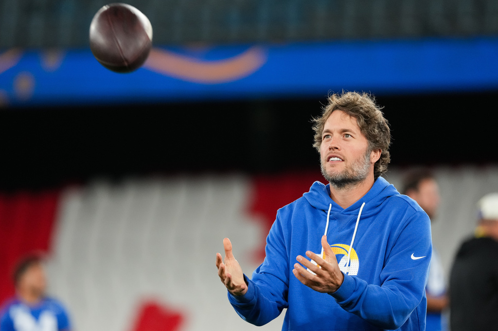 Los Angeles Rams quarterback Matthew Stafford, works out during a practice session for an NFL football game against the San Francisco 49ers., in Melbourne, Australia, Thursday, Sept. 10, 2026.(AP Photo/Asanka Brendon Ratnayake)