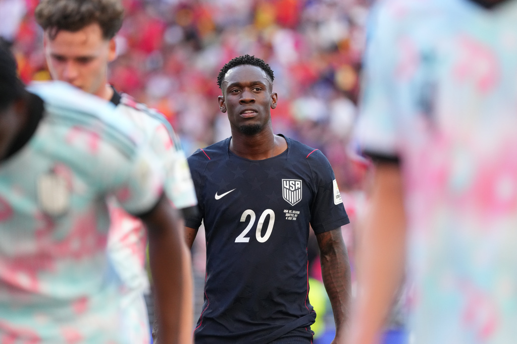 United States' Folarin Balogun (20) walks off the field after the first period during the World Cup round of 16 soccer match in Seattle, Monday, July 6, 2026. (AP Photo/Ted S. Warren)