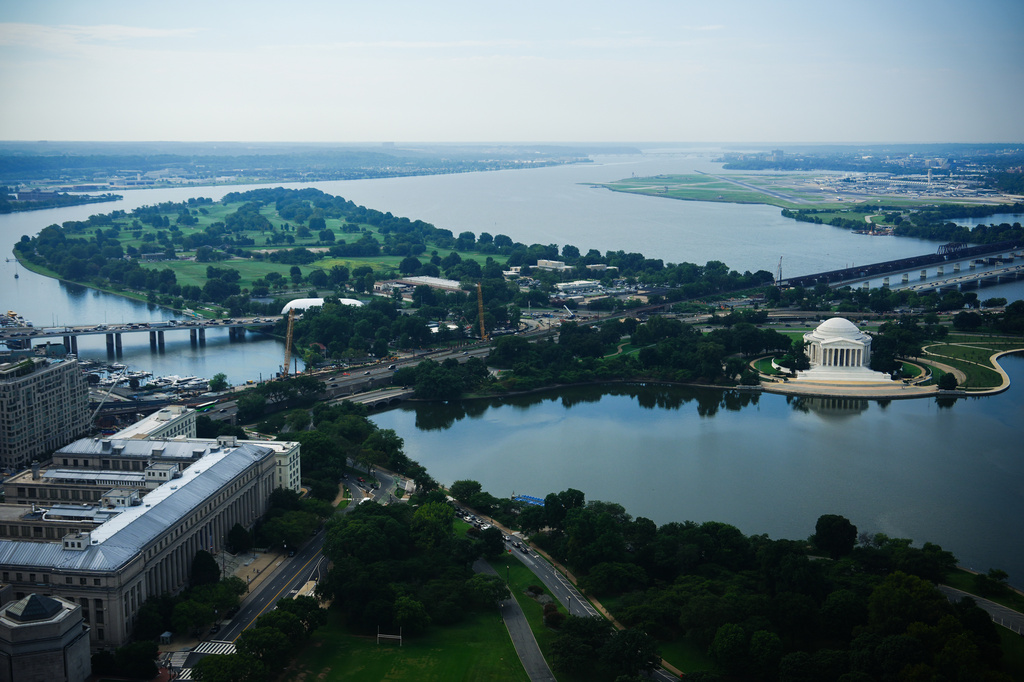 The East Potomac Park Golf Course and the Thomas Jefferson Memorial are seen from the Washington Monument, Tuesday, Sept. 1, 2026, in Washington. (AP Photo/Julia Demaree Nikhinson)