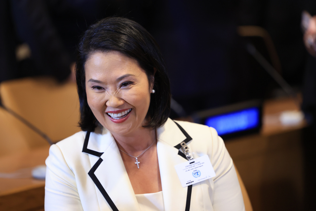 Peru's President Keiko Fujimori attends a meeting of the multinational political and security coalition "Shield of the Americas" on the sidelines the United Nations General Assembly, Tuesday, Sept. 22, 2026, at the UN headquarters. (Charly Triballeau/Pool Photo via AP)