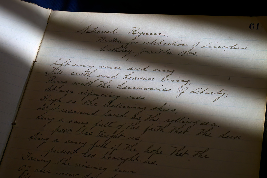 The handwritten manuscript for "Lift Ev'ry Voice and Sing," originally titled "National Hymn," by James Weldon Johnson is displayed at Yale University's Beinecke Rare Book & Manuscript Library on Thursday, Oct. 15, 2026, in New Haven, Conn. (AP Photo/Jessica Hill)