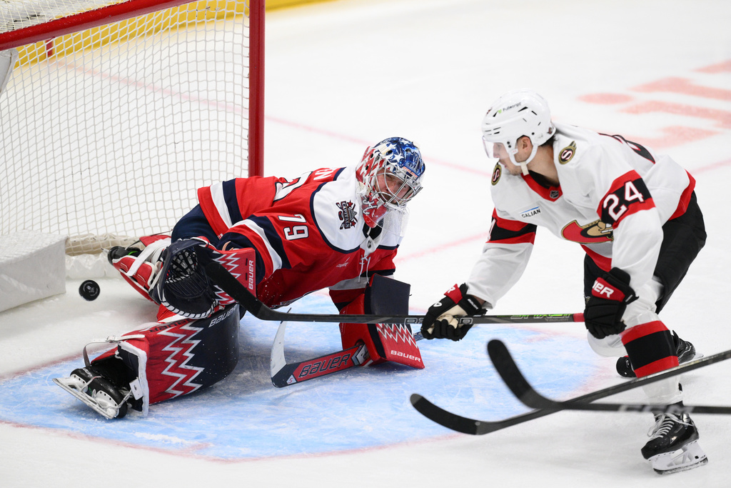 Ottawa Senators center Dylan Cozens (24) scores past Washington Capitals goaltender Charlie Lindgren (79) during the second period of an NHL hockey game, Saturday, Oct. 25, 2025, in Washington. (AP Photo/Nick Wass)