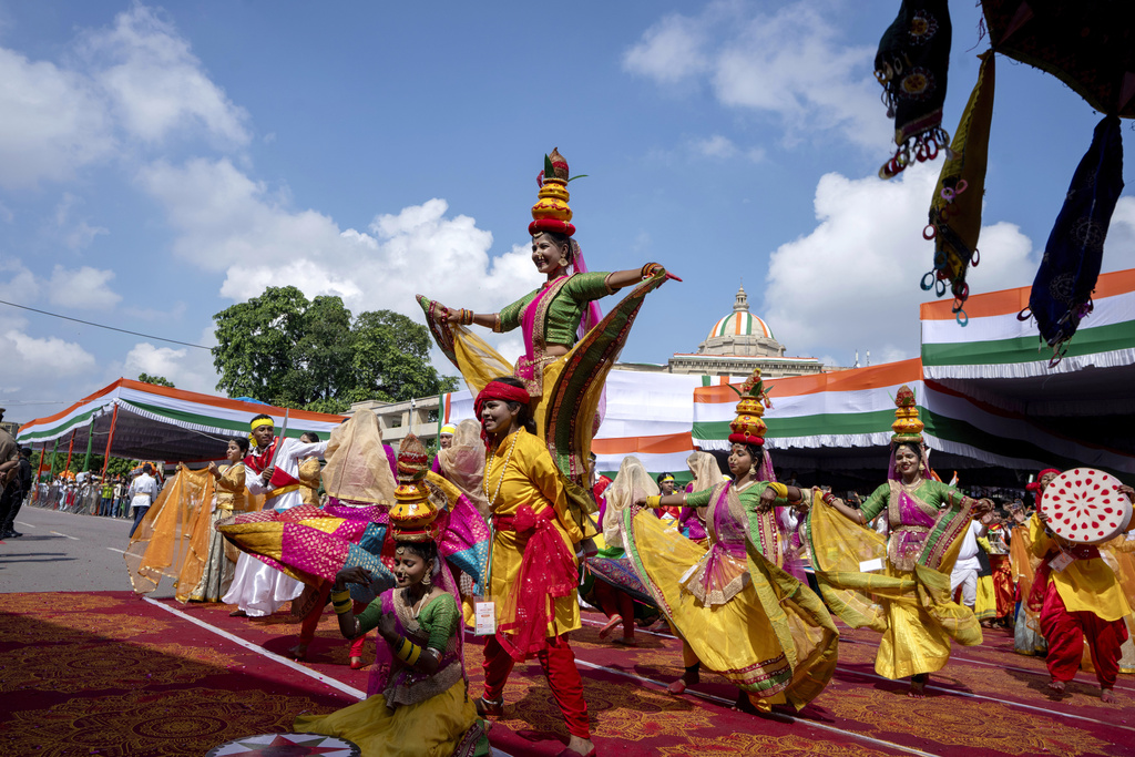 Artists perform during Independence Day celebrations in Lucknow, Uttar Pradesh state, India, Friday, Aug. 15, 2025. (AP Photo/Rajesh Kumar Singh)