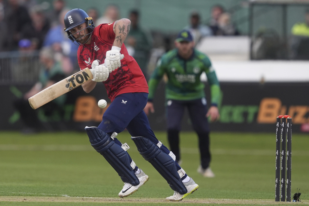 England's Phil Salt bats during the third men's International Twenty20 cricket match at Malahide Cricket Club in Dublin, Ireland, Sunday Sept. 21, 2025. (Brian Lawless/PA via AP)