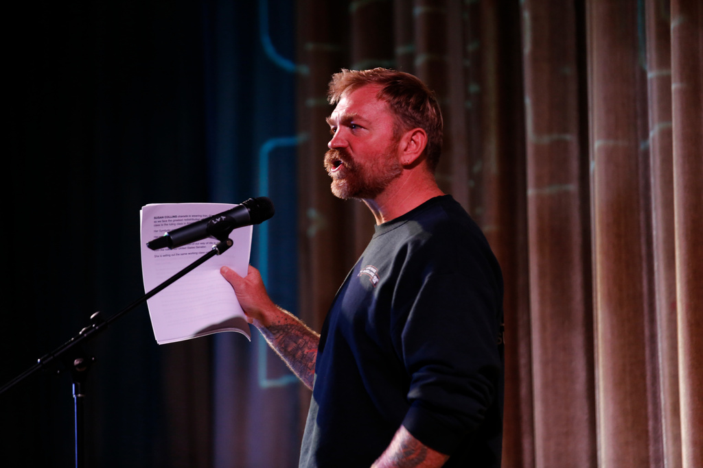 Democratic Maine Senate candidate Graham Platner speaks at a town hall in Ogunquit, Maine, Wednesday, Oct. 22, 2025. (AP Photo/Caleb Jones)