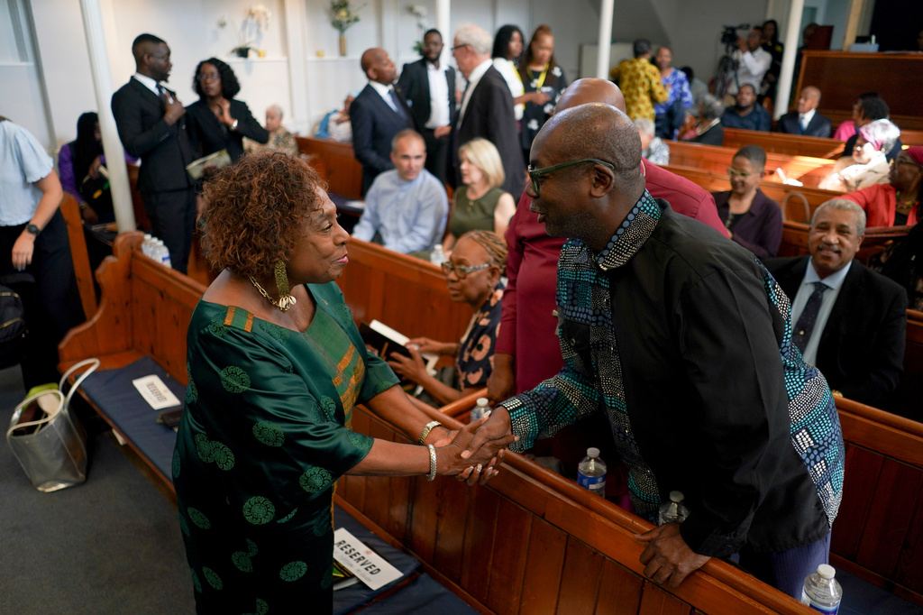 Jamaica's Minister of Culture, Gender, Entertainment and Sport, Olivia Grange, attends a service, in London, Sunday, Sept. 6, 2026. (AP Photo/Alberto Pezzali)
