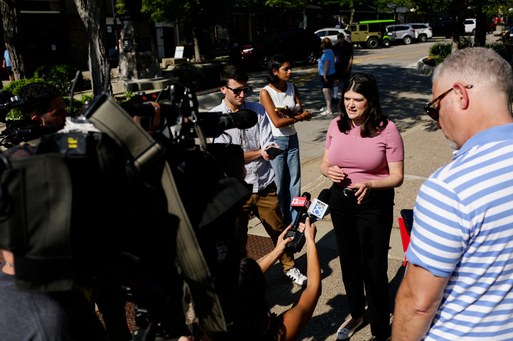 Rep. Haley Stevens, D-Mich., speaks with the press in South Haven, Mich., on Tuesday, July 7, 2026. (AP Photo/Kristen Norman)