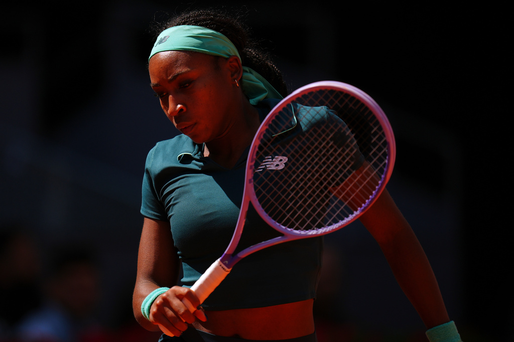 Coco Gauff of the U.S. reacts during her match against Sorana Cirstea of Romania during the Madrid Open tennis tournament in Madrid, Sunday, April 26, 2026. (AP Photo/Manu Fernandez)