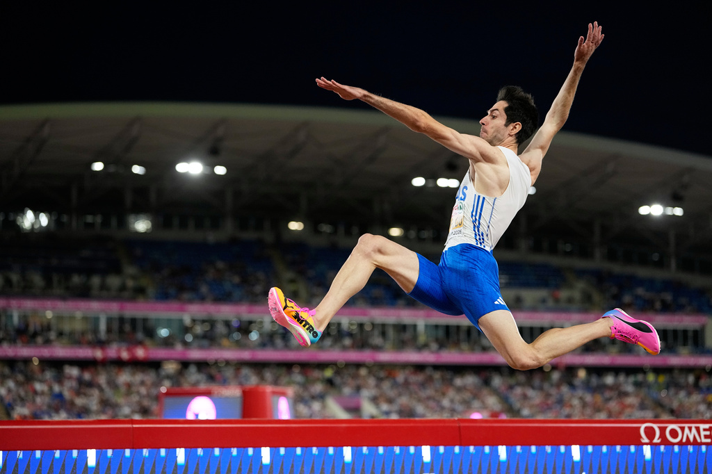 Greece's Miltiadis Tentoglou makes an attempt in the men's long jump final at the European Athletics Championships in Birmingham, England, Tuesday, Aug. 11, 2026. (AP Photo/Matthias Schrader)