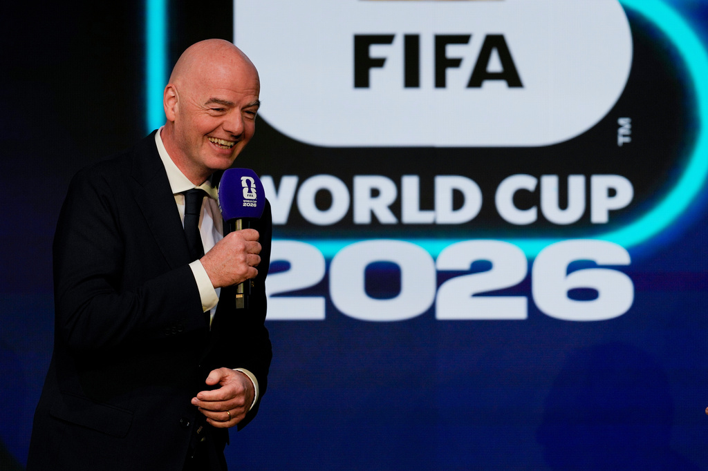 FILE - FIFA President Gianni Infantino speaks during the match schedule reveal for the 2026 soccer World Cup in Washington, Saturday, Dec. 6, 2025. (AP Photo/Chris Carlson, File)
