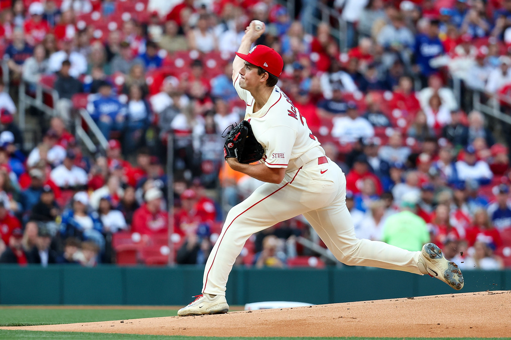 St. Louis Cardinals pitcher Michael McGreevy throws during the first inning of a baseball game against the Los Angeles Dodgers, Saturday, May 2, 2026, in St. Louis. (AP Photo/Scott Kane)