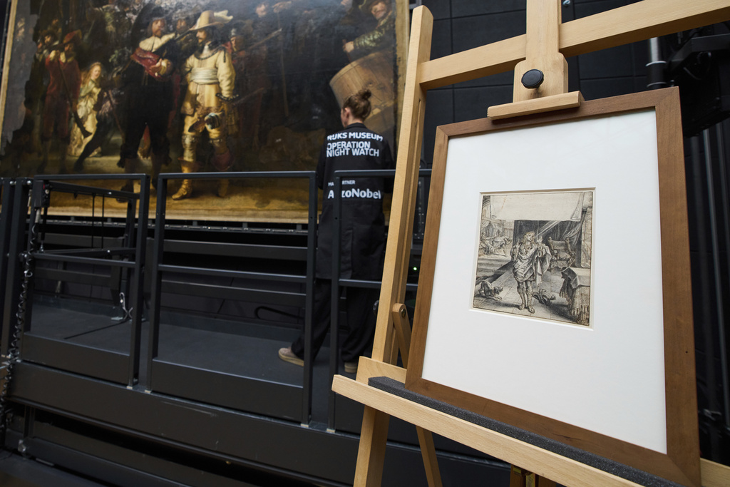 The 17th century drawing by Dutch artist Adriaen van de Venne which inspired Rembrandt when painting a dog in the Night Watch, is shown on an easel at the Rijksmuseum in Amsterdam, Netherlands, Tuesday, Sept. 23, 2025. (AP Photo/Peter Dejong)