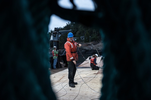 Tor Bjorklund, an oceanographer with the University of Washington, unwinds a fiber-optic cable on a barge before deploying it to the seafloor to listen for endangered orcas near San Juan Island, Wash., Friday, Oct. 10, 2025. (AP Photo/Annika Hammerschlag) Tor Bjorklund, an oceanographer with the University of Washington, unwinds a fiber-optic cable on a barge before deploying it to the seafloor to listen for endangered orcas near San Juan Island, Wash., Friday, Oct. 10, 2025. (AP Photo/Annika Hammerschlag)