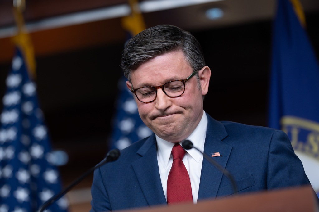 Speaker of the House Mike Johnson, R-La., makes a statement to reporters without taking questions following a vote in the Senate to move forward with a stopgap funding bill to reopen the government through Jan. 30, at the Capitol in Washington, Monday, Nov. 10, 2025. (AP Photo/J. Scott Applewhite)