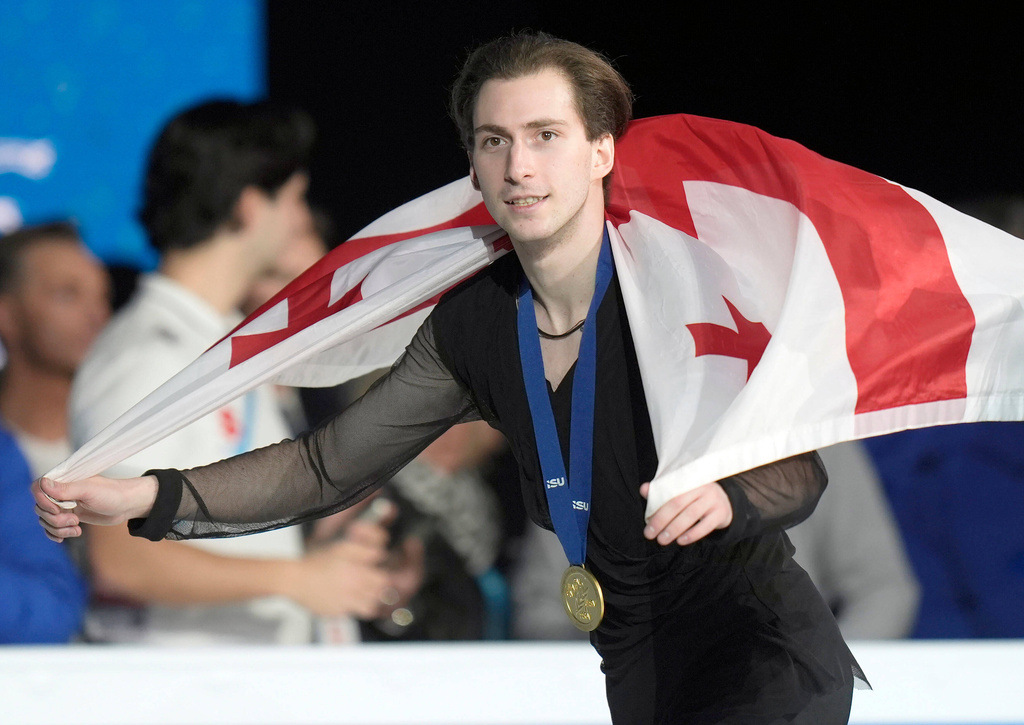 Georgia's Nika Egadze celebrates after winning the gold medal in the Men's Free Skating on day four of the ISU European Figure Skating Championships in Sheffield, Thursday, Friday, Jan. 16, 2026. (Danny Lawson/PA via AP)