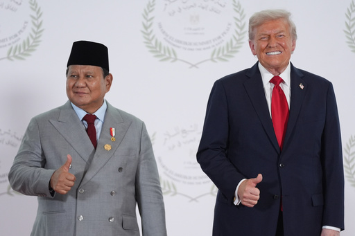 President Donald Trump greets Indonesia's President Prabowo Subianto during a summit to support ending the more than two-year Israel-Hamas war in Gaza after a breakthrough ceasefire deal, Monday, Oct. 13, 2025, in Sharm El Sheikh, Egypt. (AP Photo/Evan Vucci, Pool) President Donald Trump greets Indonesia's President Prabowo Subianto during a summit to support ending the more than two-year Israel-Hamas war in Gaza after a breakthrough ceasefire deal, Monday, Oct. 13, 2025, in Sharm El Sheikh, Egypt. (AP Photo/Evan Vucci, Pool)
