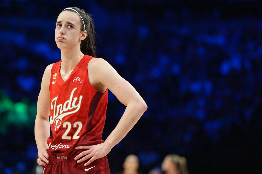 Indiana Fever guard Caitlin Clark reacts during the second half of a WNBA basketball game against the Minnesota Lynx, Sunday, Aug. 2, 2026, in Minneapolis. (AP Photo/Abbie Parr)